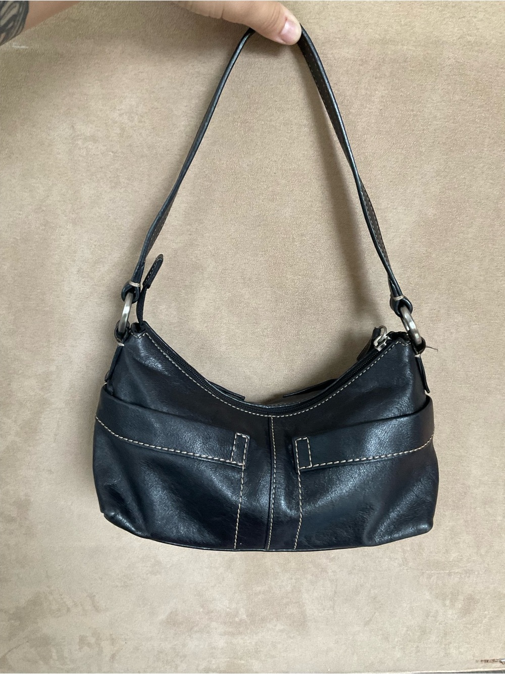 🦓Vintage Y2K Fossil Black Leather Mini Cargo Baguette Shoulder Bag Purse
